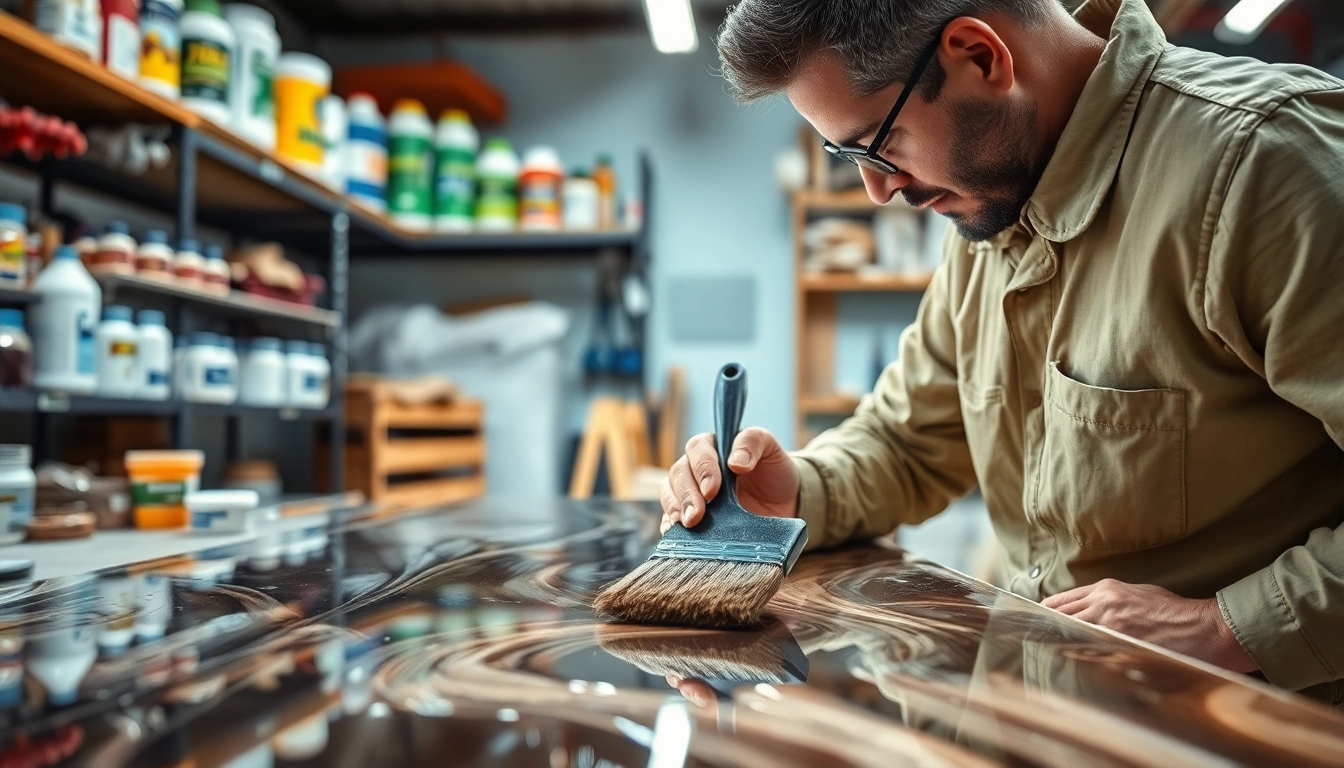 Applying laminating resin to fiberglass in a bright workshop setting.
