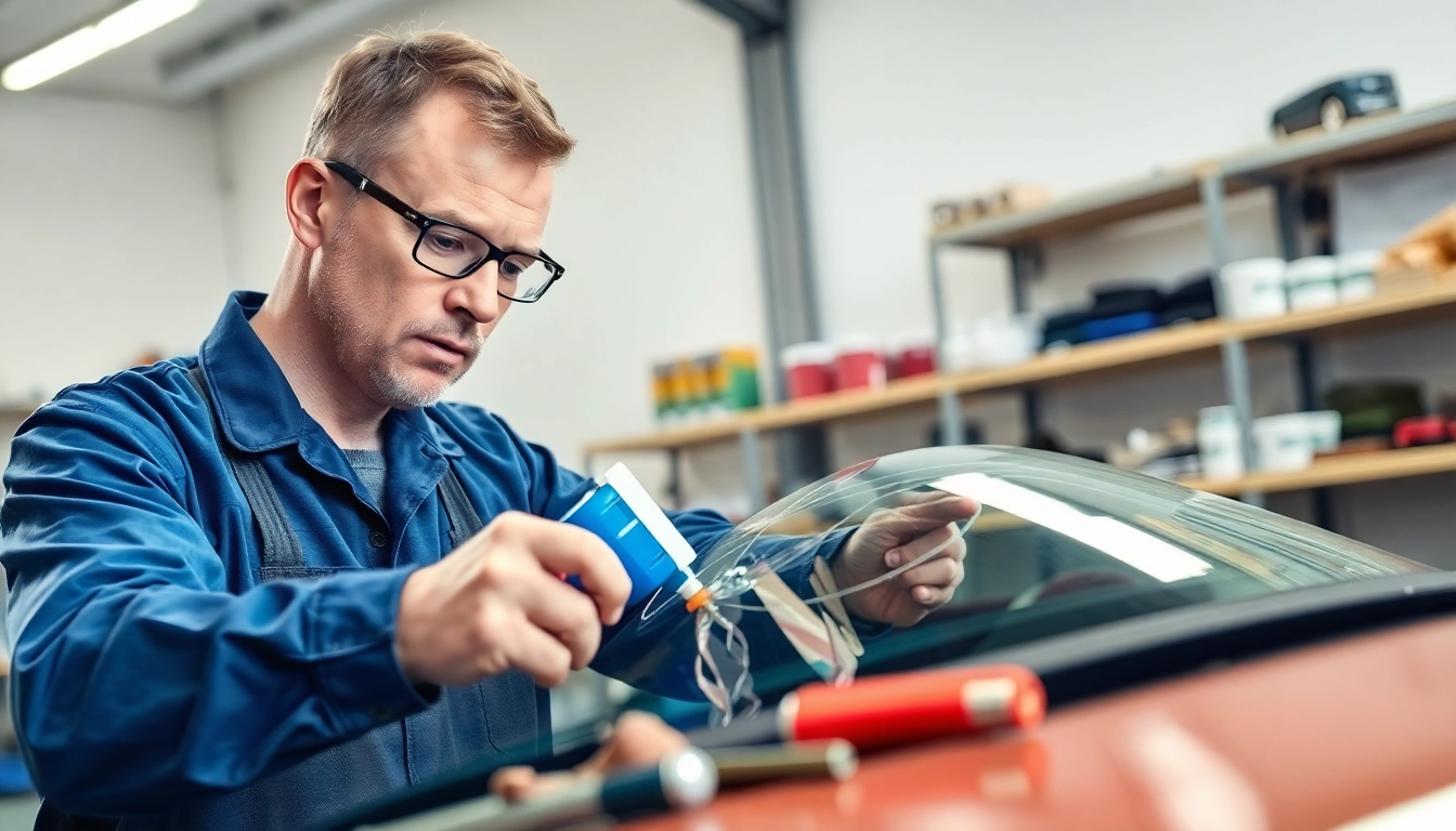 Technician performing windshield repair in Portland with precision tools in a bright workshop.