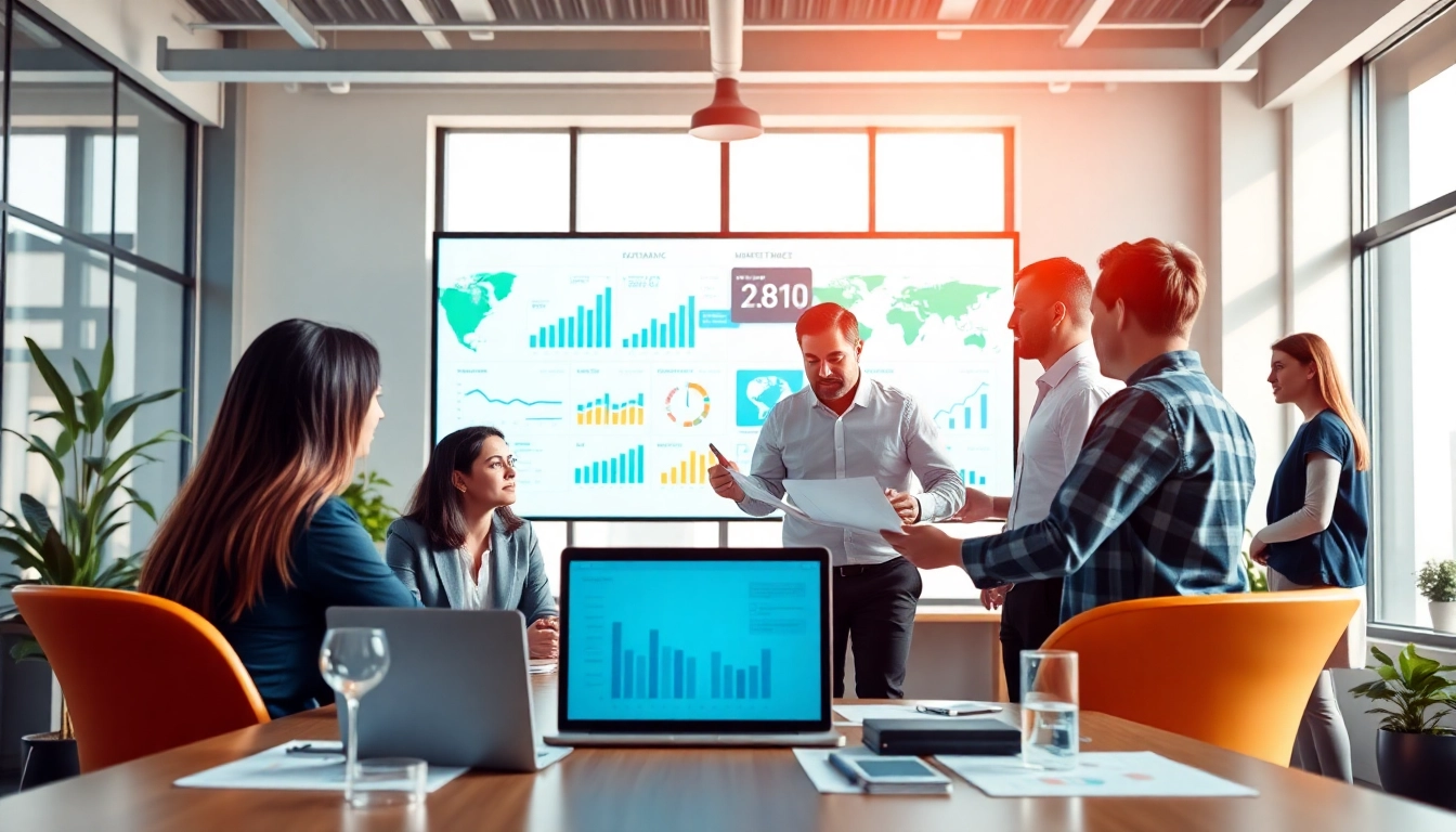 Professionals analyzing data for competitive intelligence strategies in a modern office