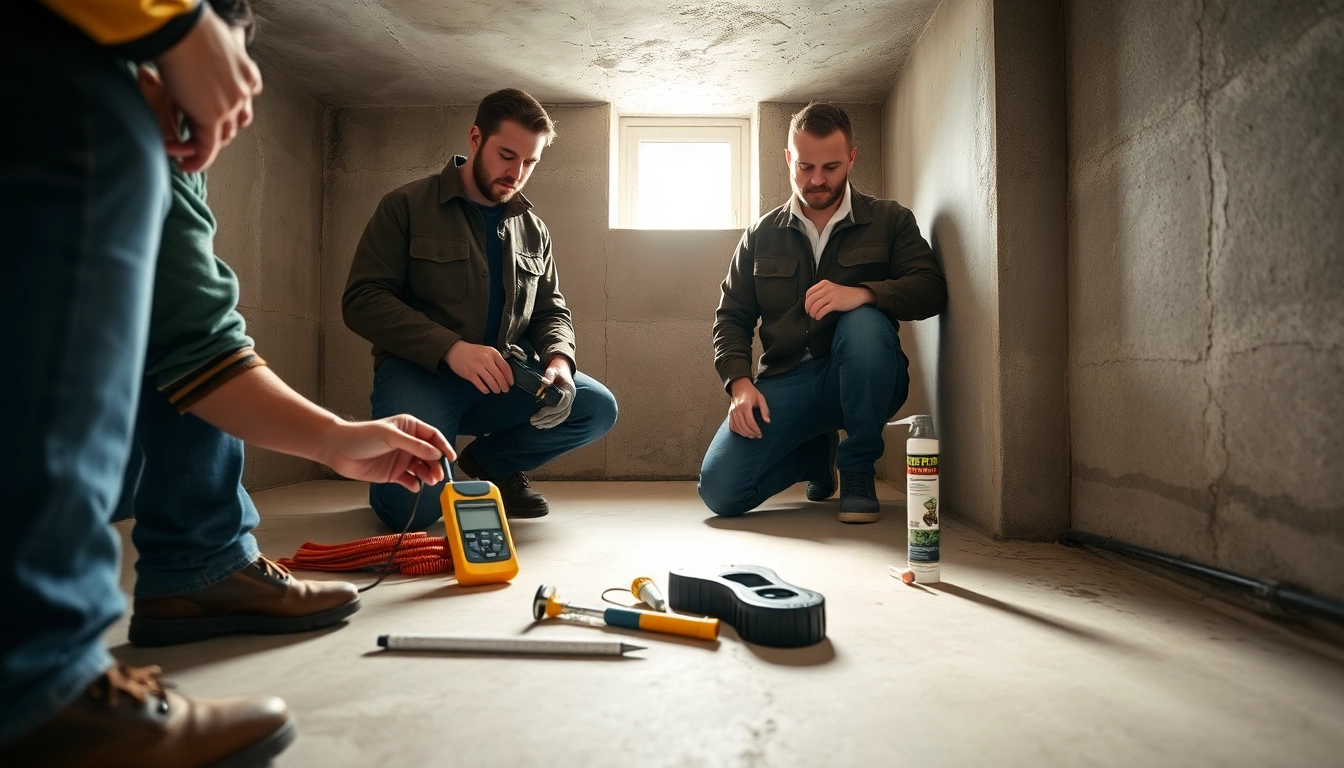 Basement waterproofing company Geneva inspecting moisture levels with expert tools.