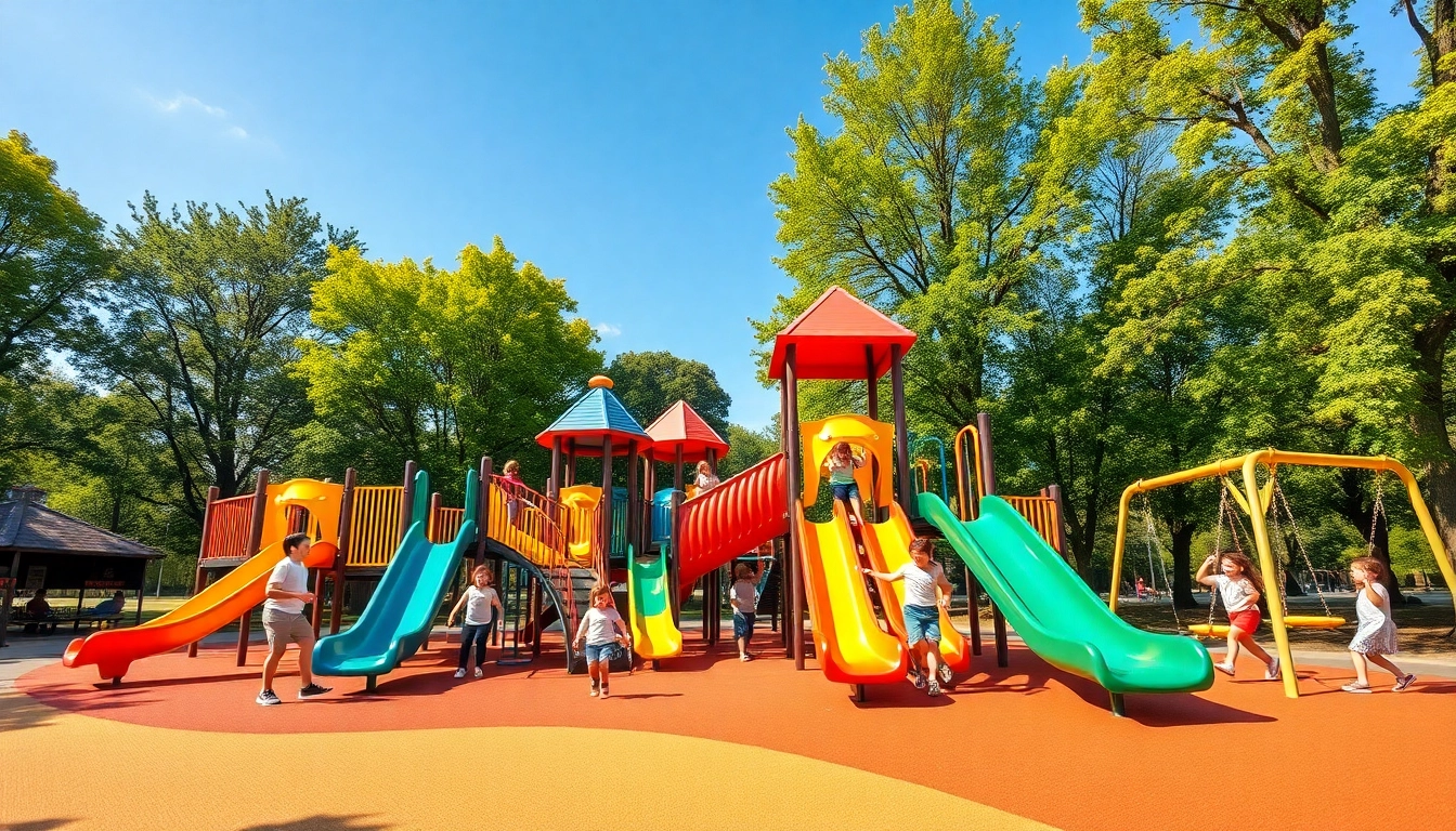 Engaging playground equipment inviting children to explore and play in a colorful park setting.