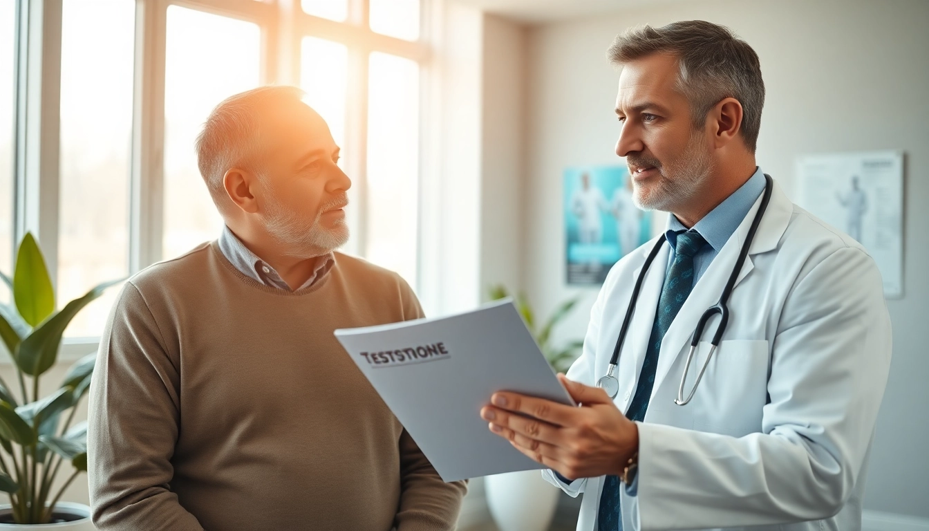 Male doctor explaining Testosterone Replacement Therapy benefits to patient.