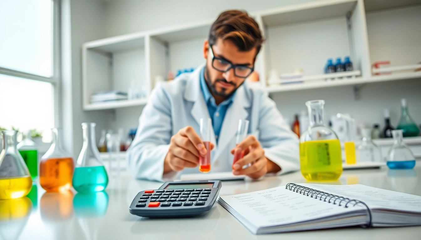 Molarity Calculator in use by a chemist in a bright laboratory setting