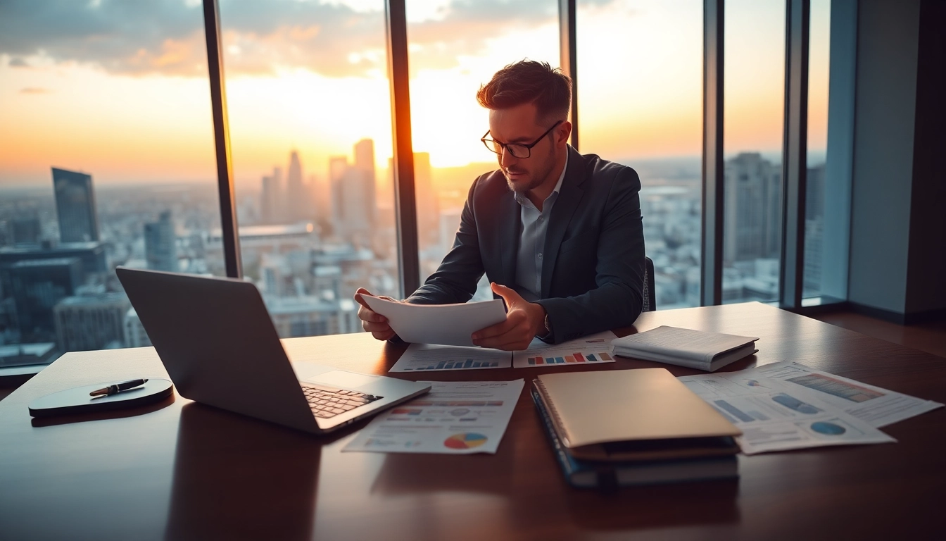 Crisis management consultant analyzing strategies in a modern office setting.