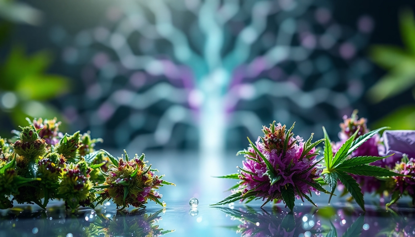 Synthetic Cannabinoids displayed with plant material in a reflective, vibrant setting.