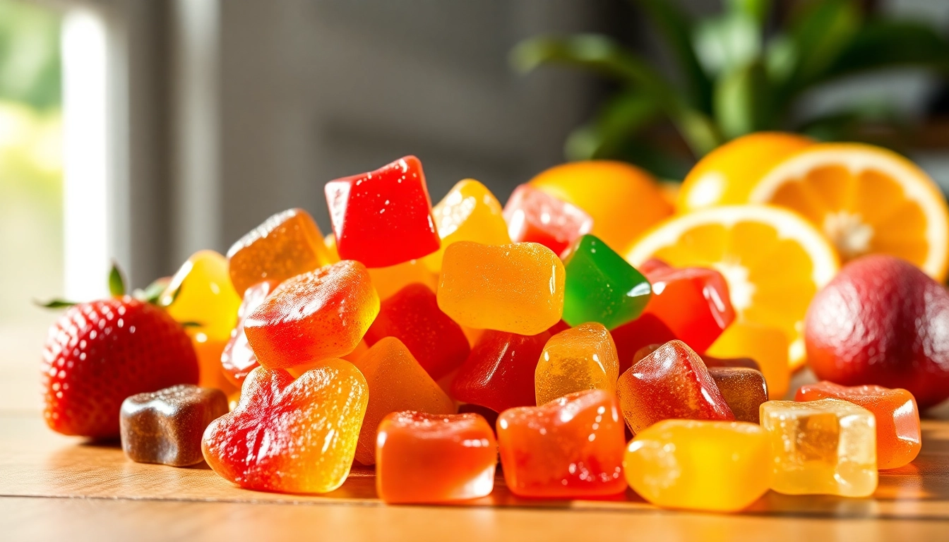 Enhance your beauty with collagen pectin gummies displayed alongside fresh fruits.