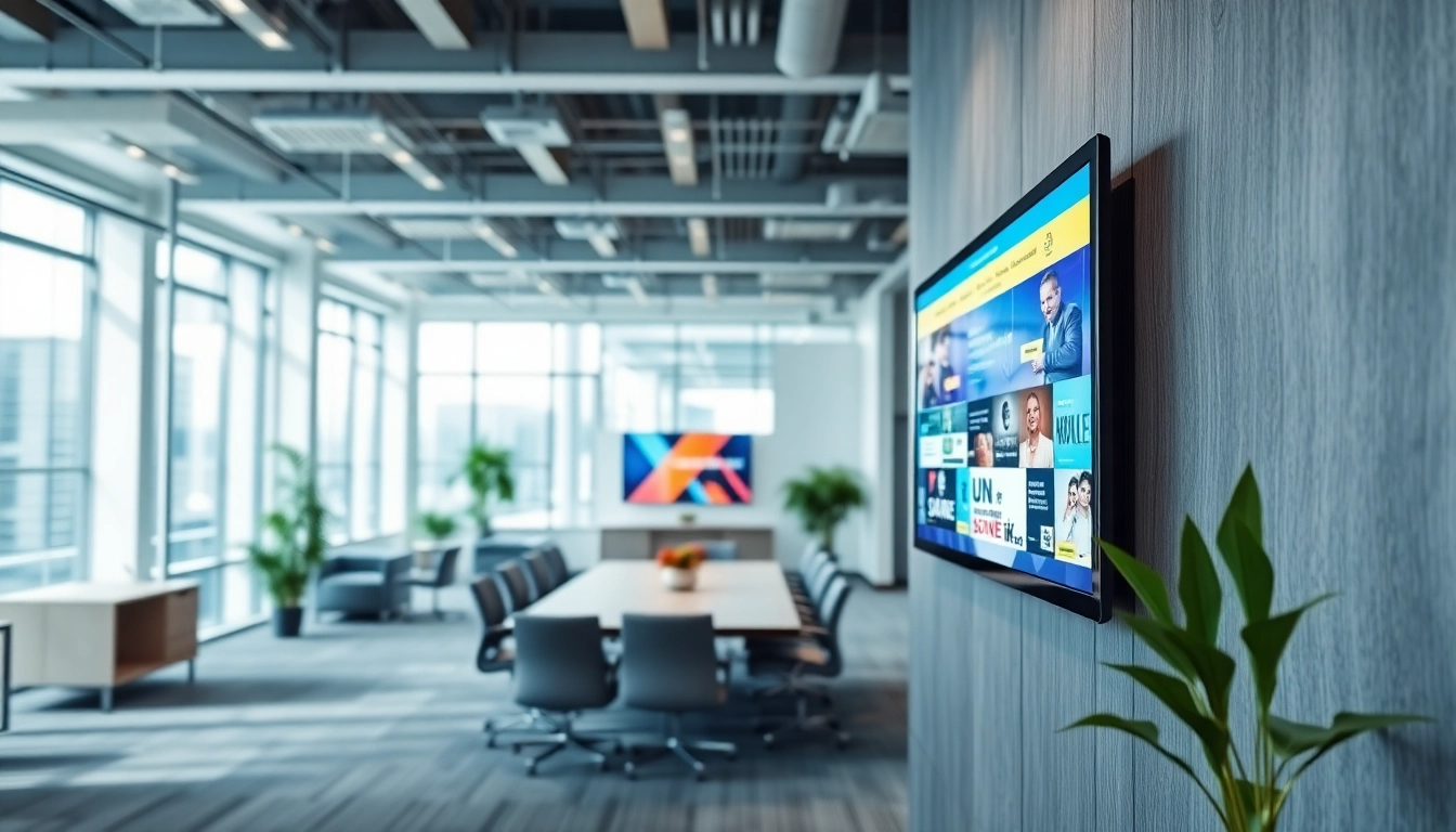 Showcase of Digital signage in a modern office setting promoting dynamic content.
