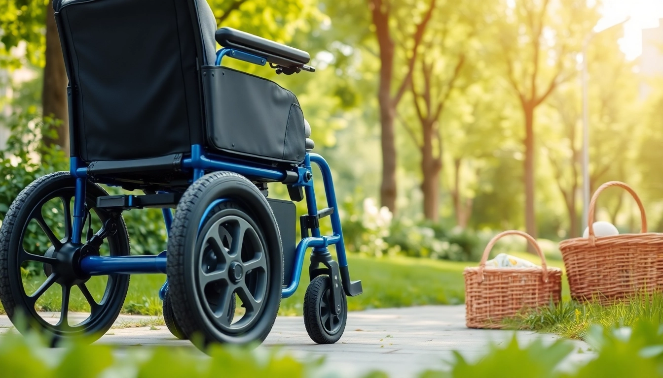 Showcasing an Electric Wheelchair designed for outdoor use, highlighting its modern features in a park setting.