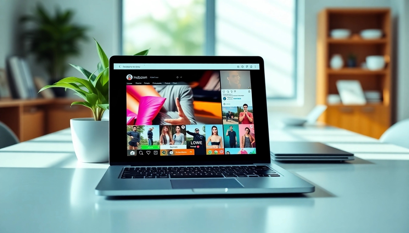 Engaging anonymous instagram story viewer interface displayed on a laptop in a vibrant workspace.