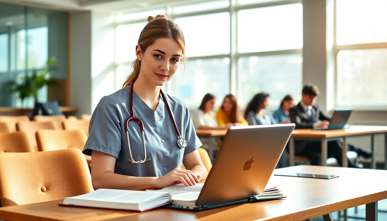Engaged nurse studying rn ceus in a bright classroom environment.