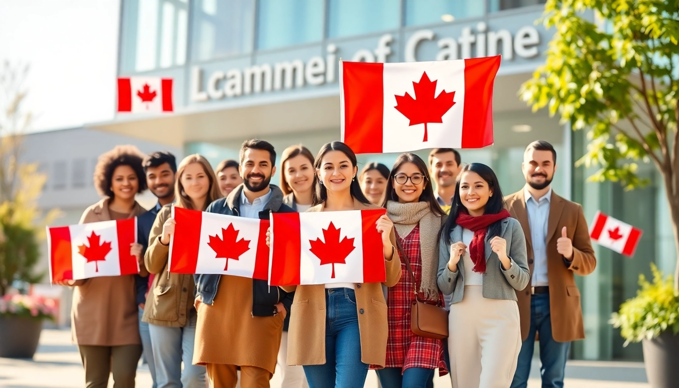 Group of hopeful immigrants celebrating Canada immigration outside a modern office.
