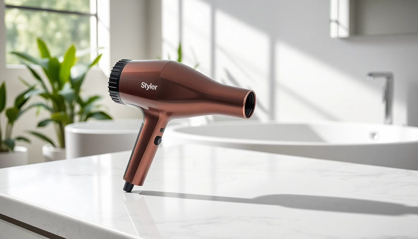 Stylish Styler hair dryer on a marble countertop in a modern bathroom setting