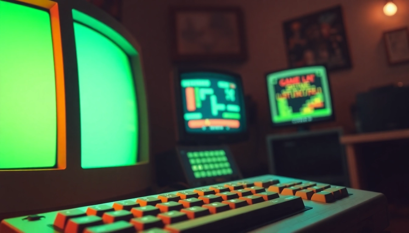 Play DOS games on a nostalgic computer screen showcasing classic graphics and keyboard.