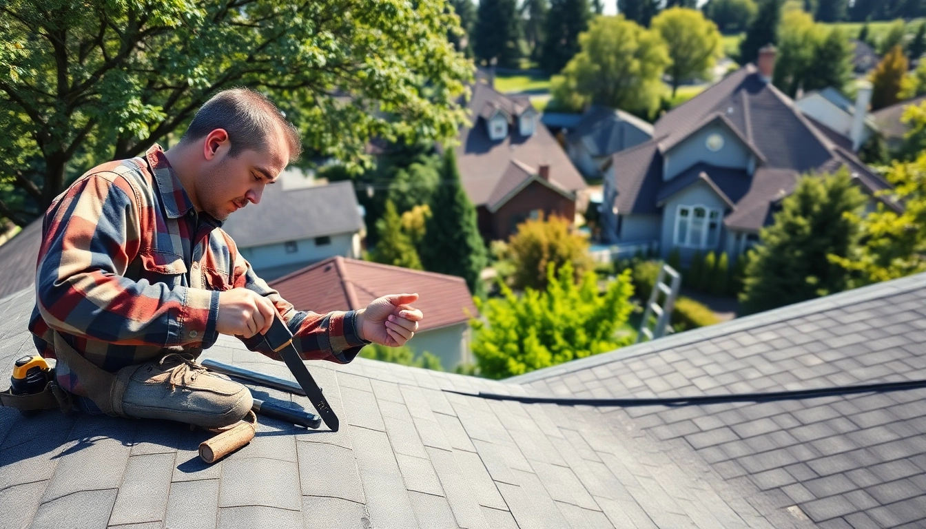 Roofer performing Roof Repair Vancouver Wa in a residential area under bright sunlight.