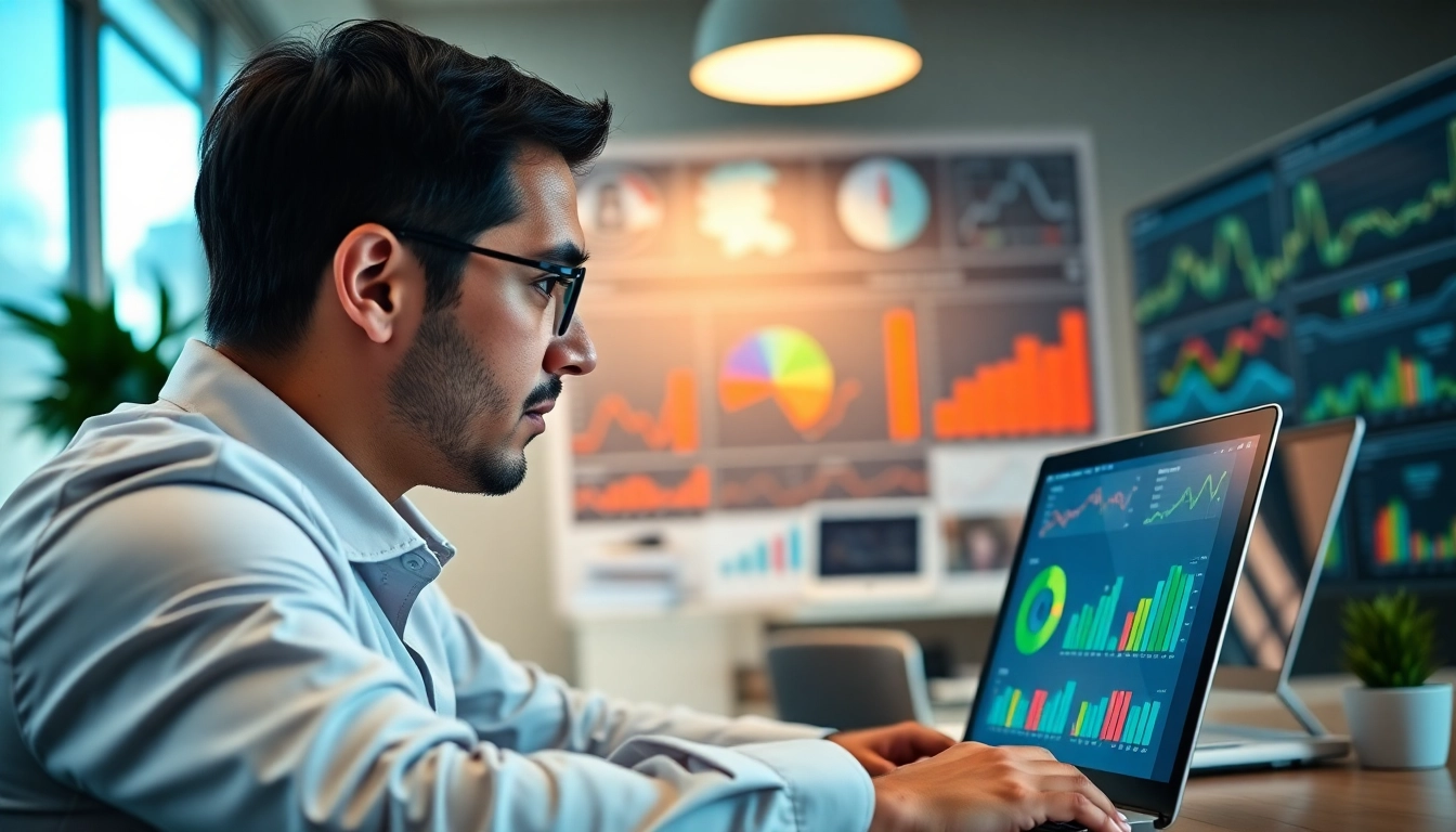 Marketer leveraging an AI content marketing platform while analyzing performance graphs.
