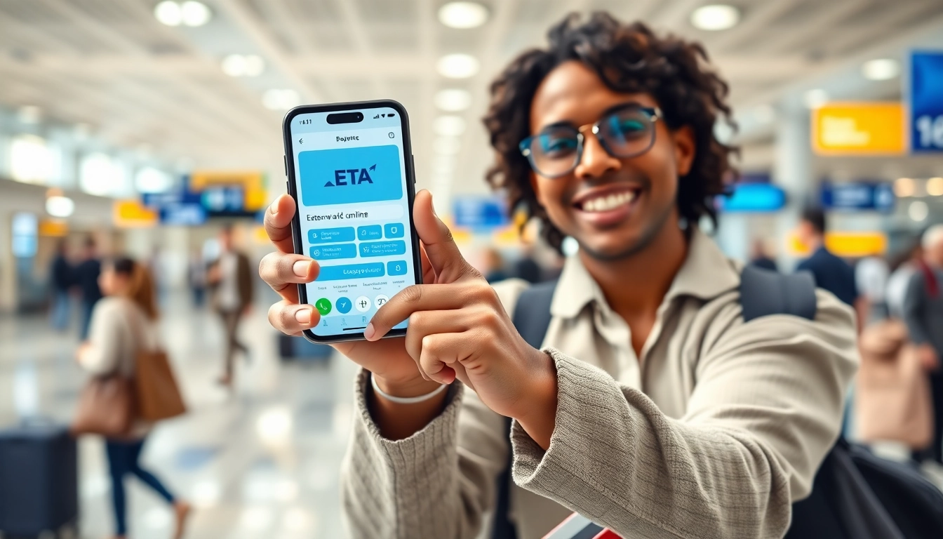 Traveler using the uk eta online application on a smartphone in an airport setting.