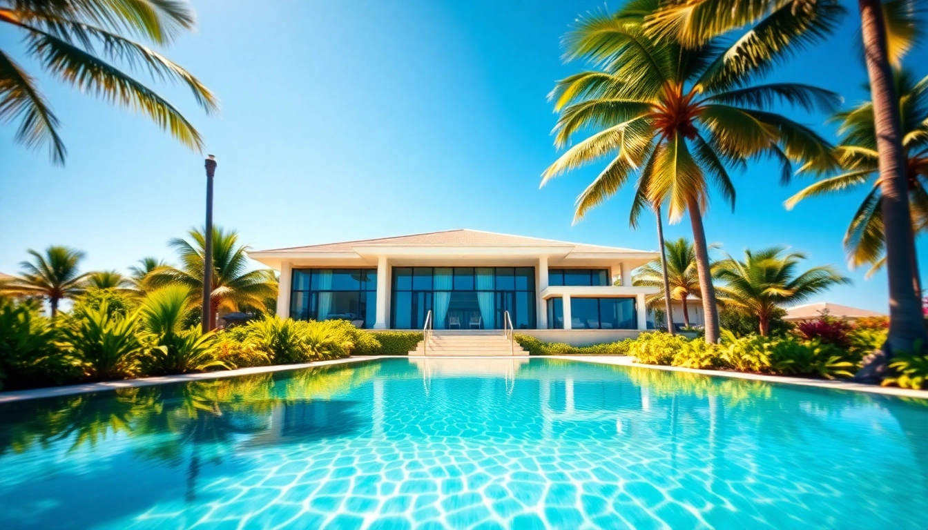 Villa management showcasing a luxurious villa with lush gardens and a sparkling pool.