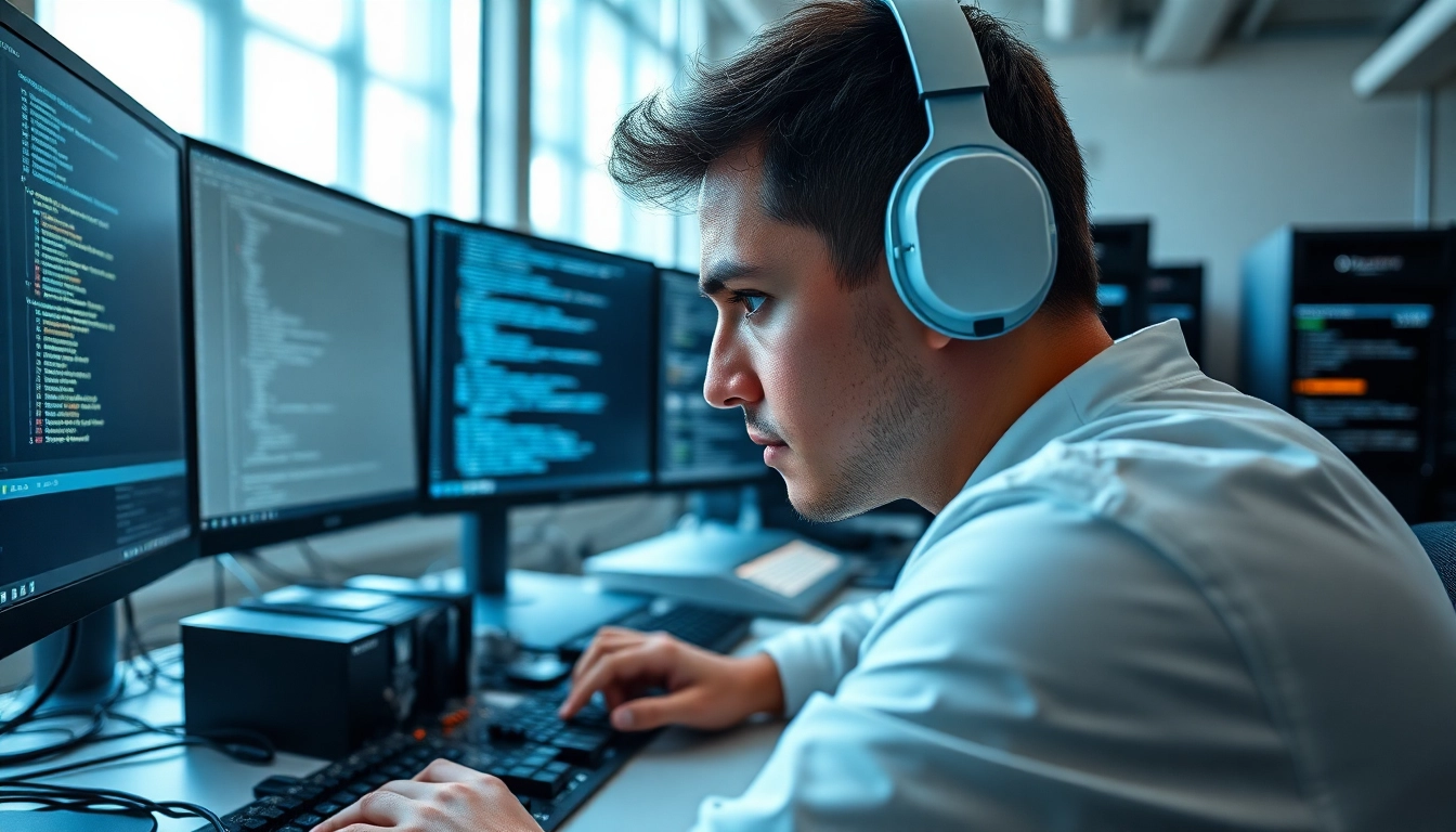 Technician developing dma firmware with advanced hardware in a tech-driven environment