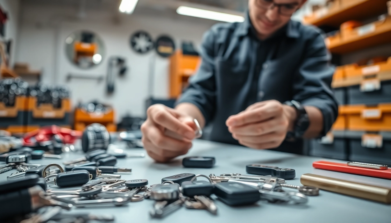 Expert crafting replacement car keys with precision in a well-lit workshop.