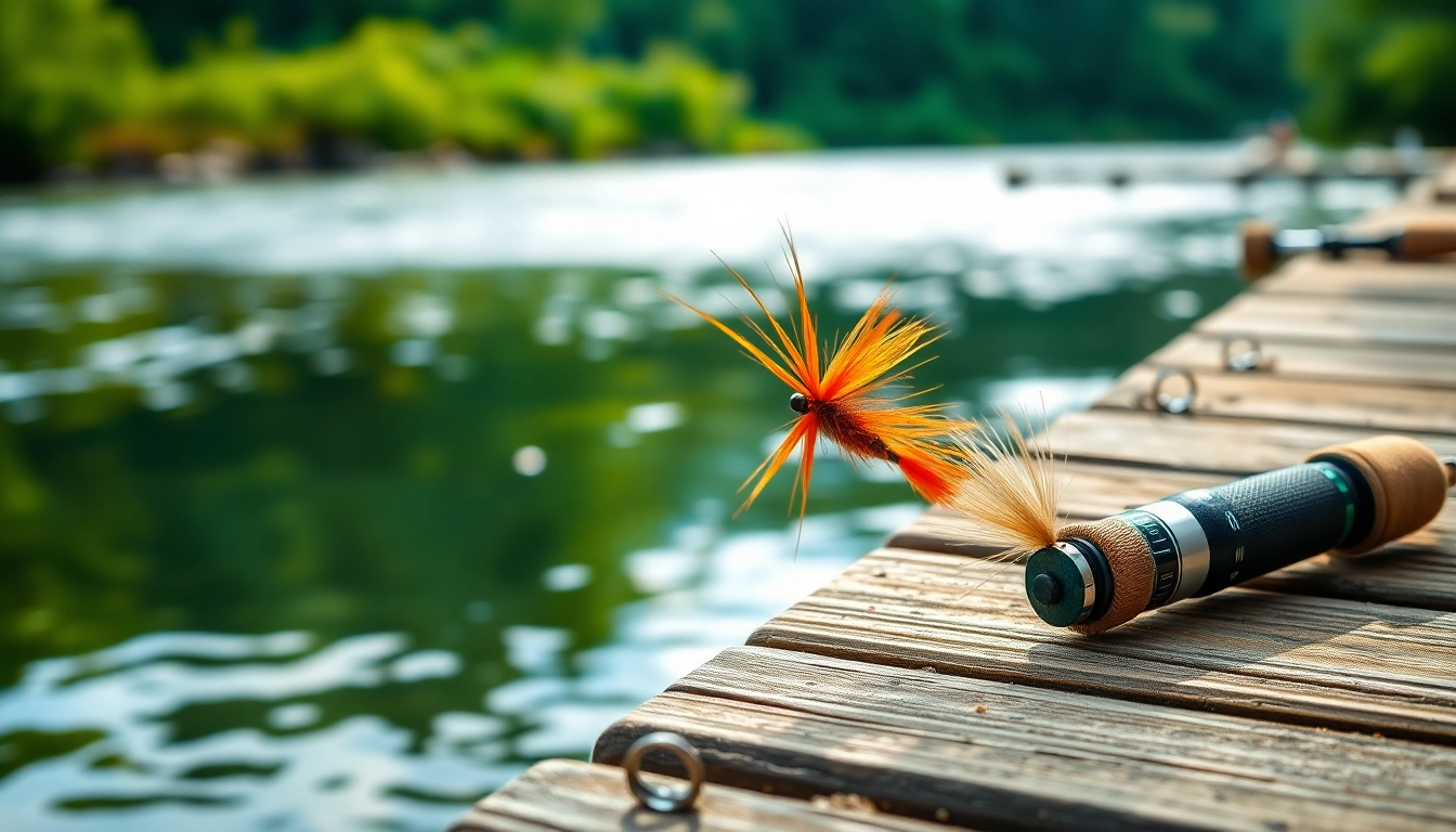 Captivating fly fishing combo on a serene river dock, showcasing vibrant gear against nature.