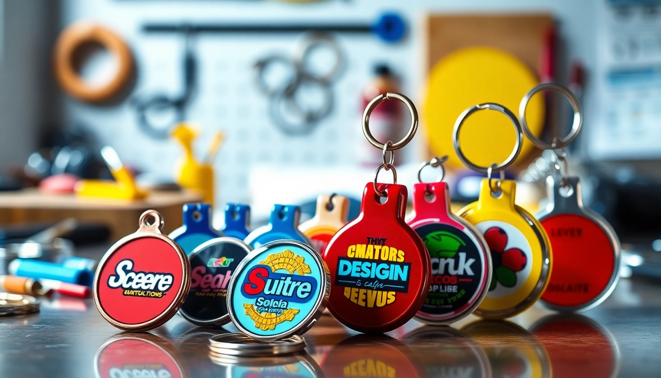 Showcase of customized keychains featuring vibrant designs and logos in a creative workspace.