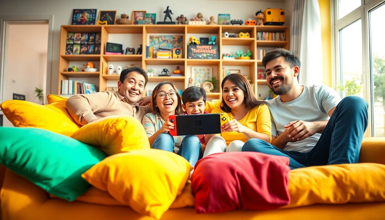 Family enjoying Nintendo Switch games together in a lively living room with cheerful decor.