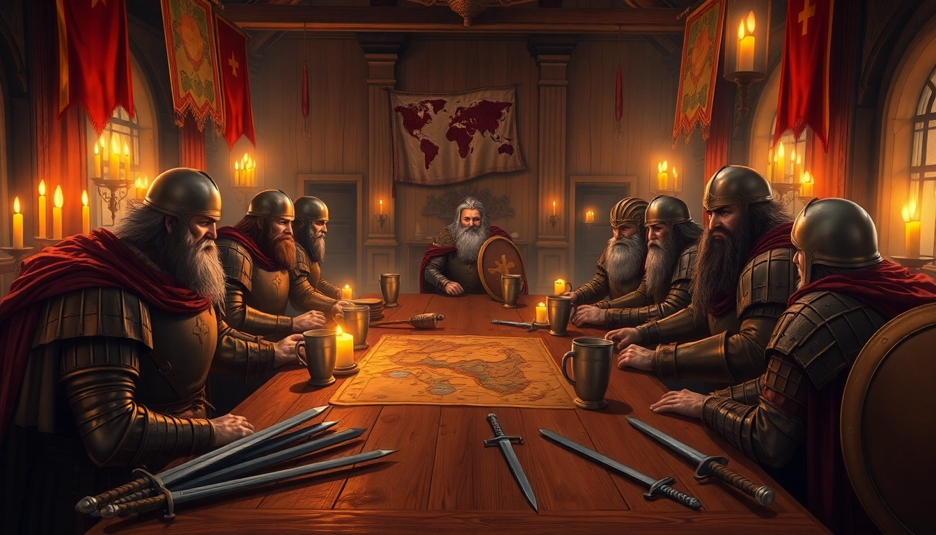 Warlords strategizing at a wooden table, showcasing armor details and battle maps.
