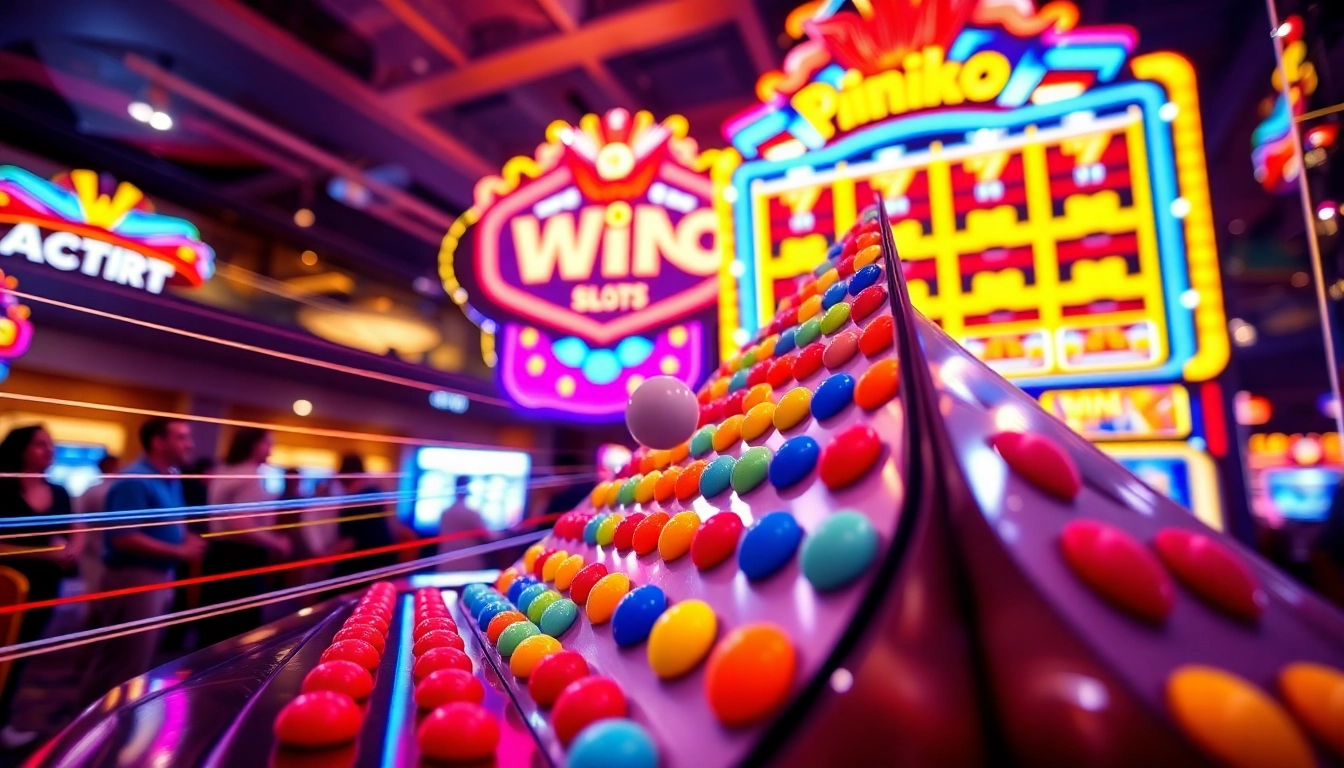 Menggugurkan bola plinko slot dengan kegembiraan di latar belakang kasino yang meriah.