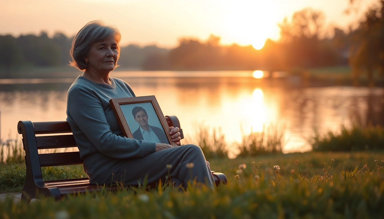 Woman reflecting on dealing with grief while holding a photo in a peaceful lake setting.