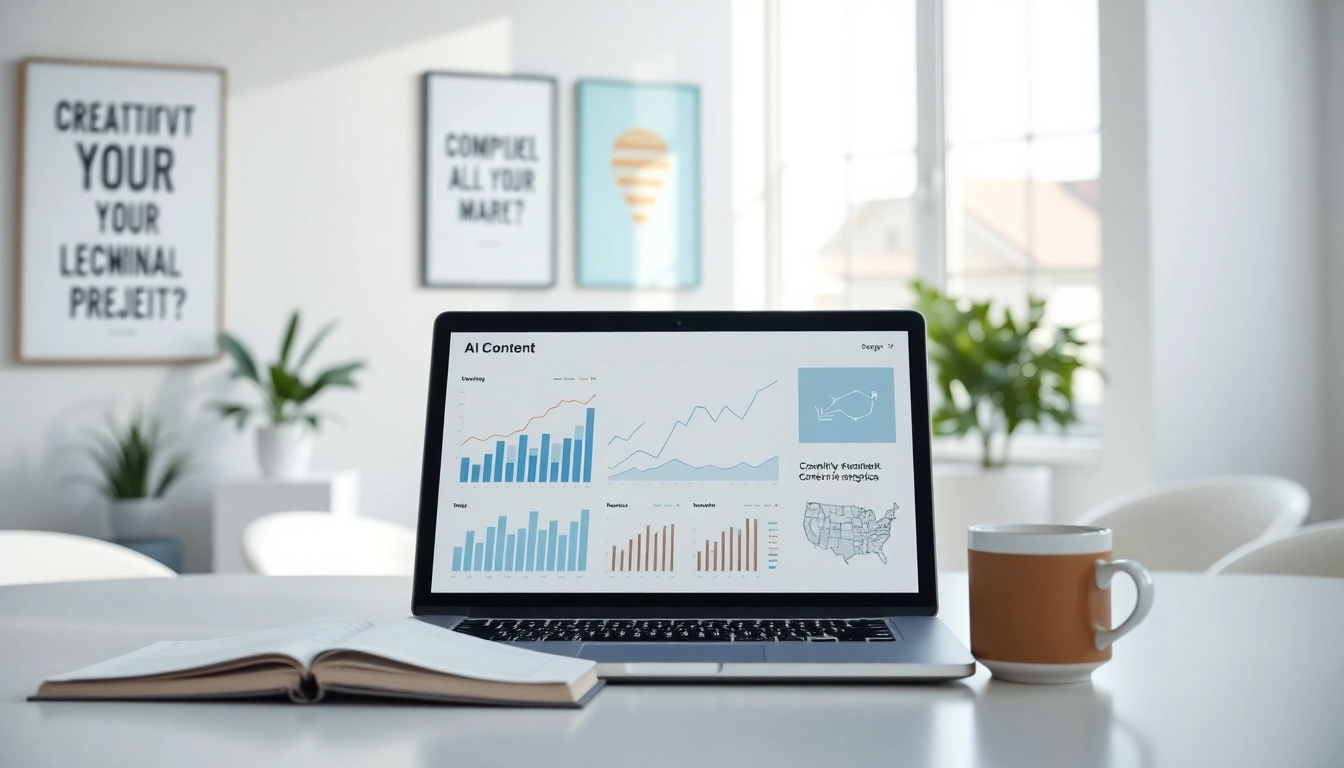 Showcase of AI content marketing platform with a laptop, analytics graphs, and a creative workspace.