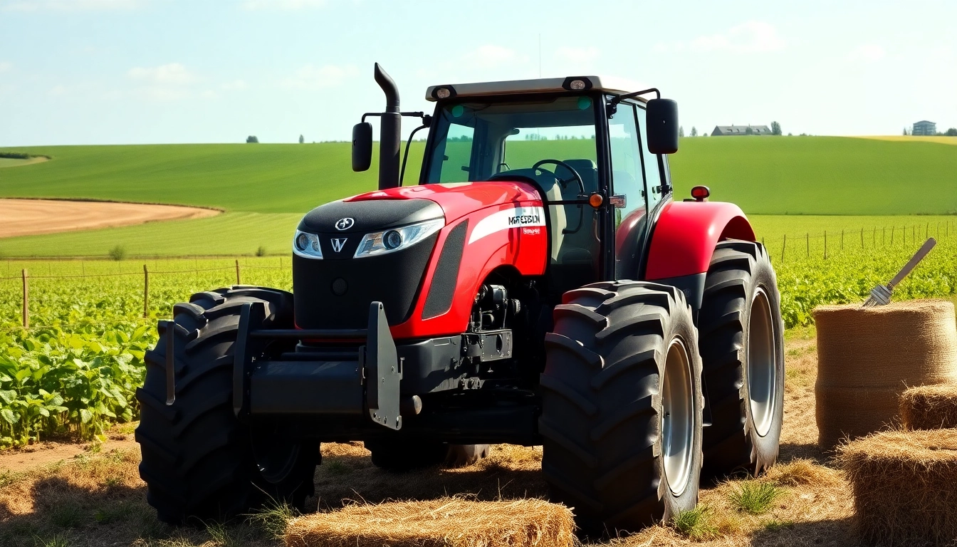 Massey Ferguson Traktor auf einem grünen Feld mit landwirtschaftlichen Geräten im Hintergrund