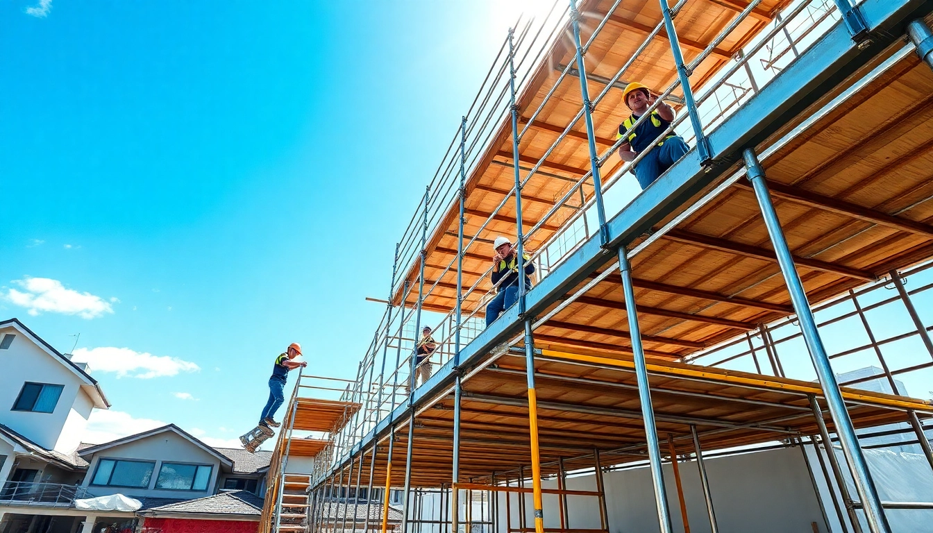 Workers assembling Whangarei scaffolding on a bright construction site with residential buildings.