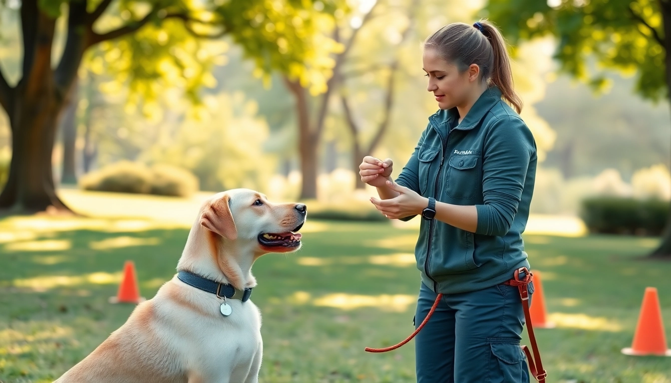 Service dog trainer guiding a Labrador Retriever during training outdoors.