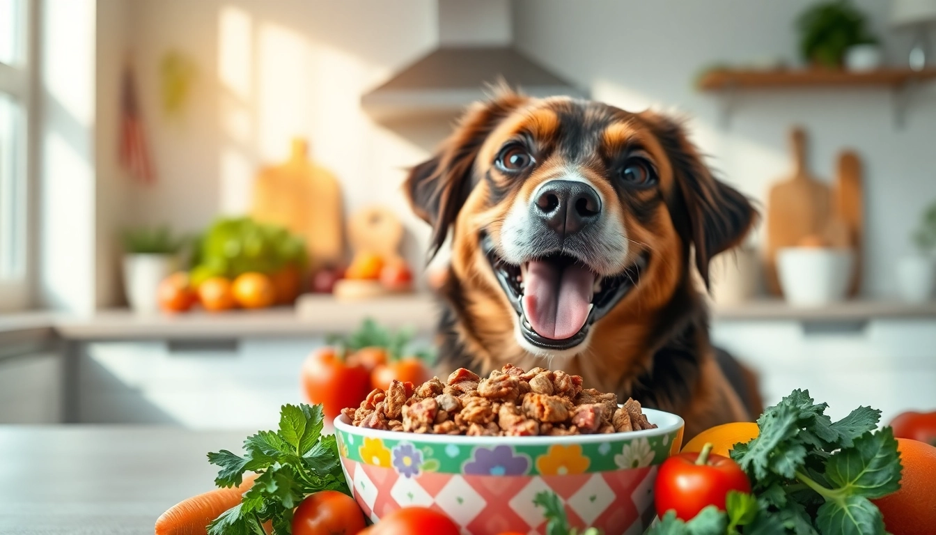 Dog enjoying dr marty pet food canada in a bright kitchen setting, emphasizing health and happiness.
