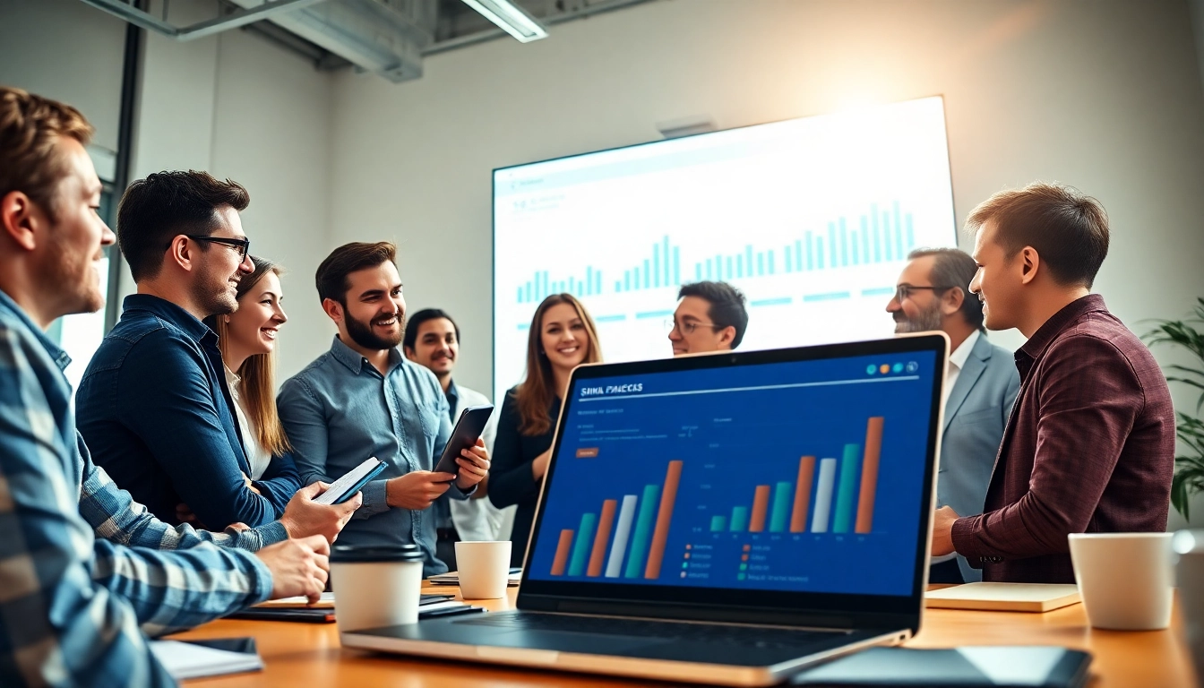 Collaborative team discussing SMM services with analytics displayed on a screen