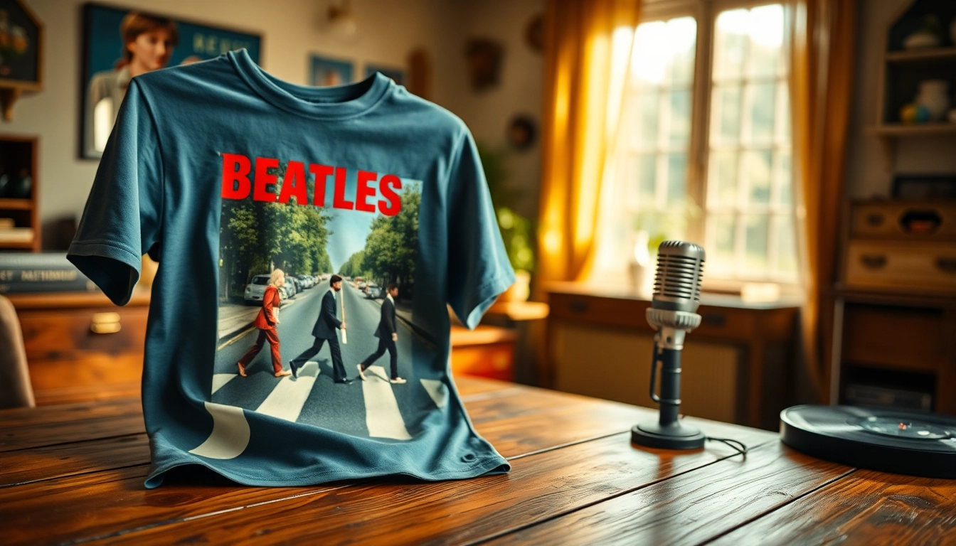 Stylish beatles abbey road shirt on display, showcasing its vibrant design and cotton texture.