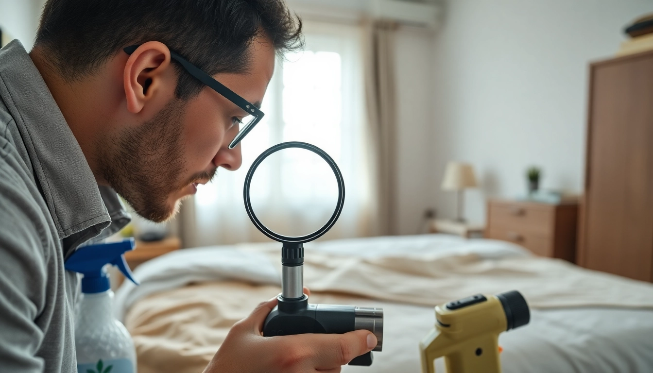 Technician engaged in bed bug control inspection in a well-arranged bedroom setting.