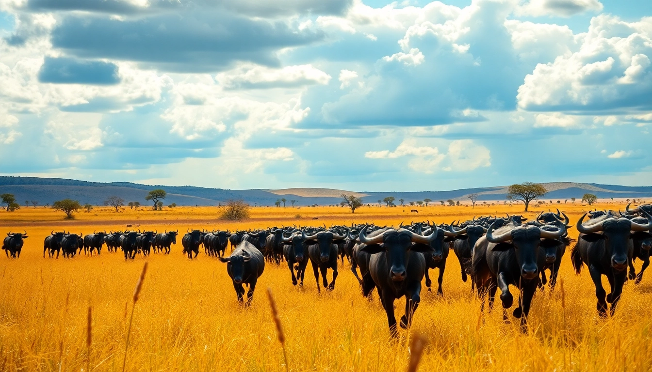 Witness wildebeests in motion during the Serengeti Wildebeest Migration Safari through Tanzania's golden landscapes.
