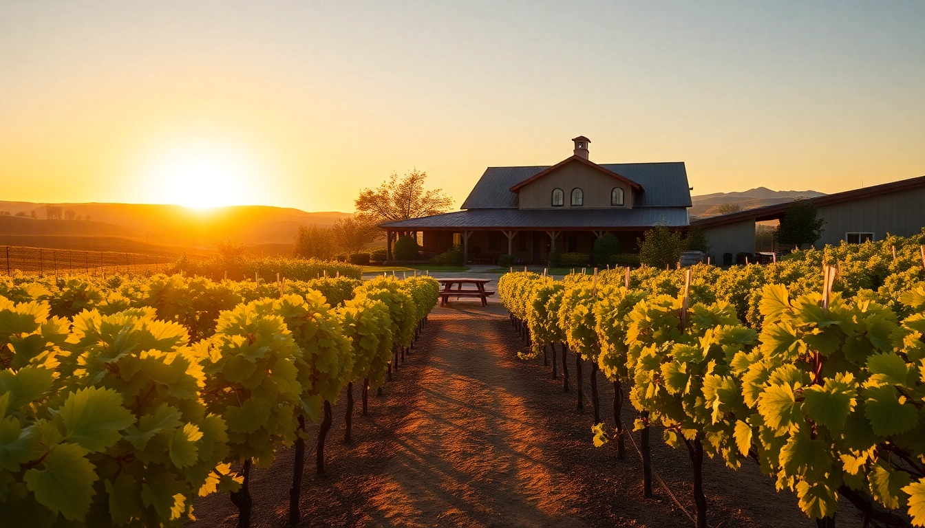 Relaxing view of wineries in Clarksburg showcasing beautiful grapevines and sunset hues.