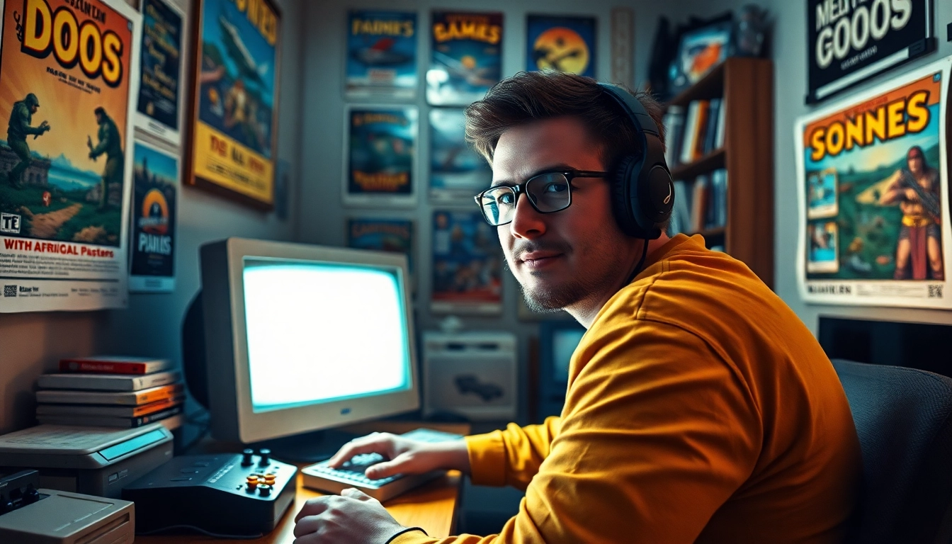 Engage in dos games download with a passionate gamer surrounded by vintage gaming memorabilia.