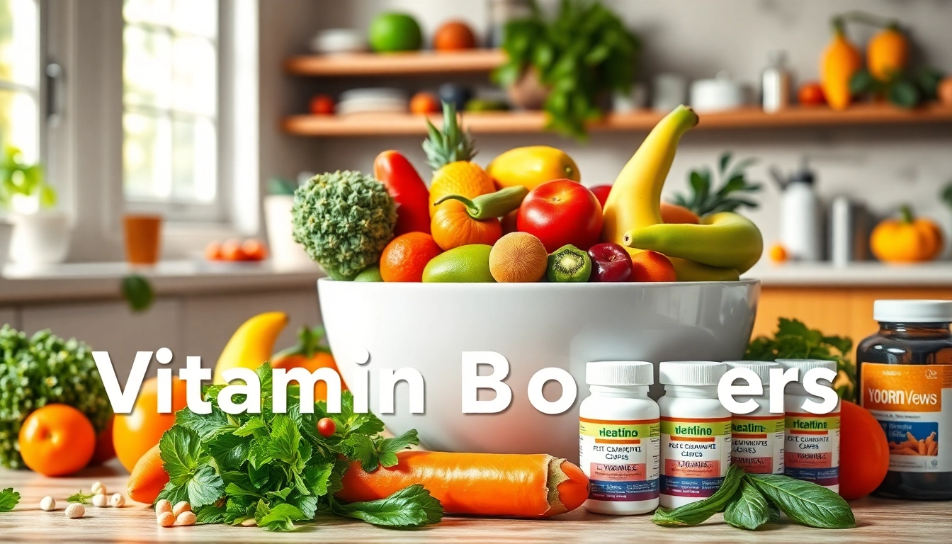 Enhance health with natural Vitamin Boosters including fruits and supplements in a vibrant setting.