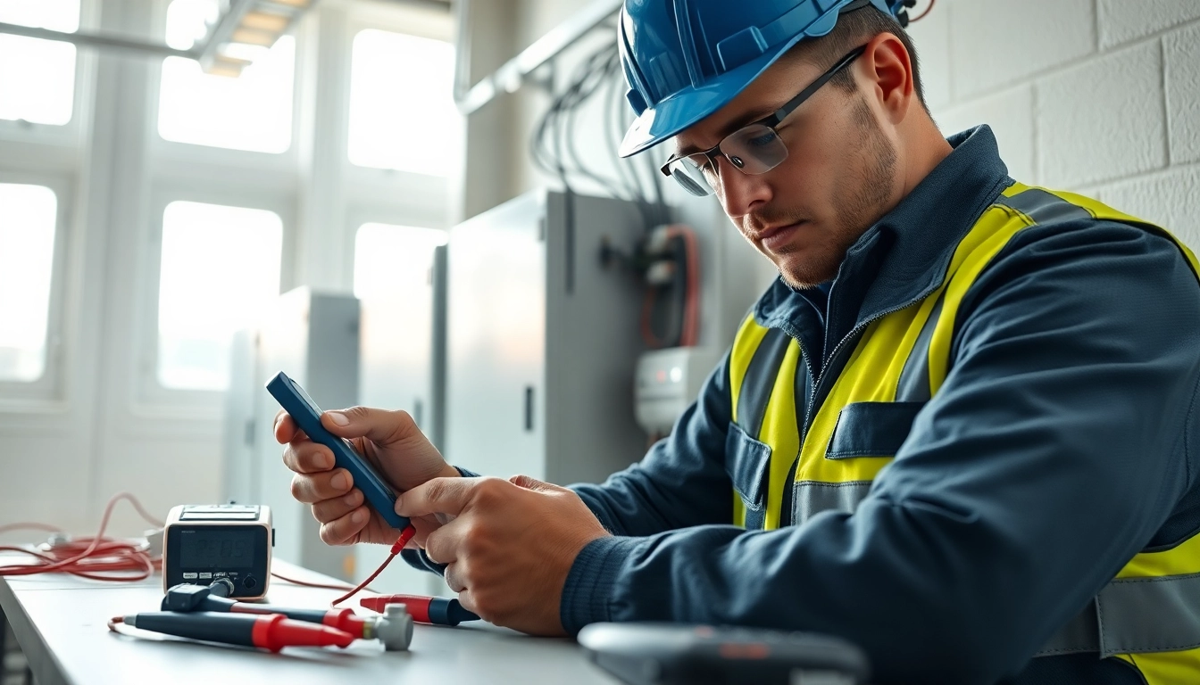 Performing Fixed Electrical Testing in a commercial space, focusing on detailed inspection work.