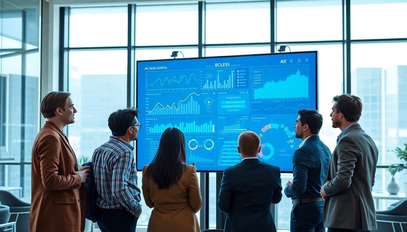 Analyze insights using AI for competitive intelligence in a modern office with a diverse team.