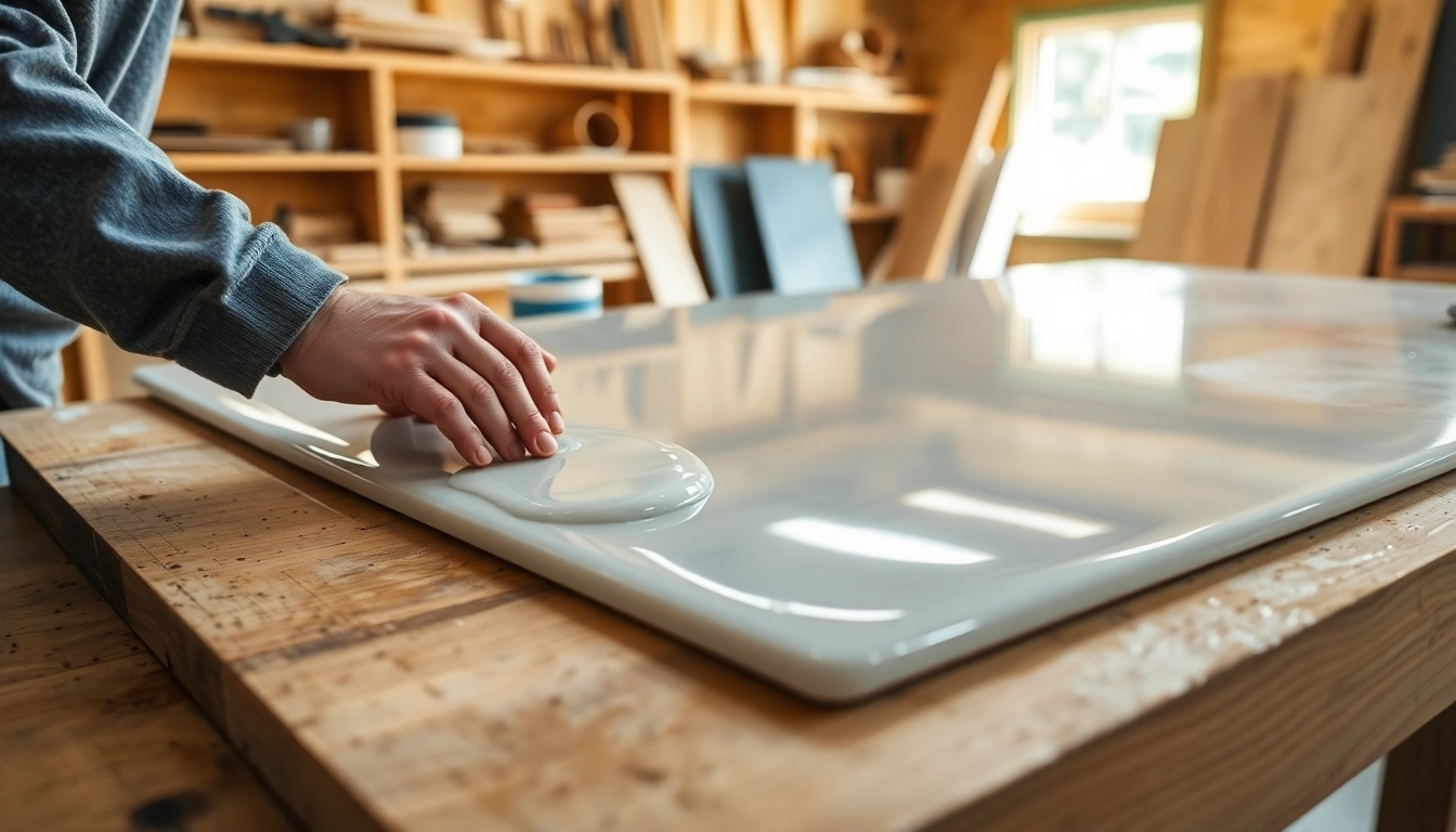 Applying laminating resin to fiberglass in a well-lit workshop setting to ensure smooth finishes.