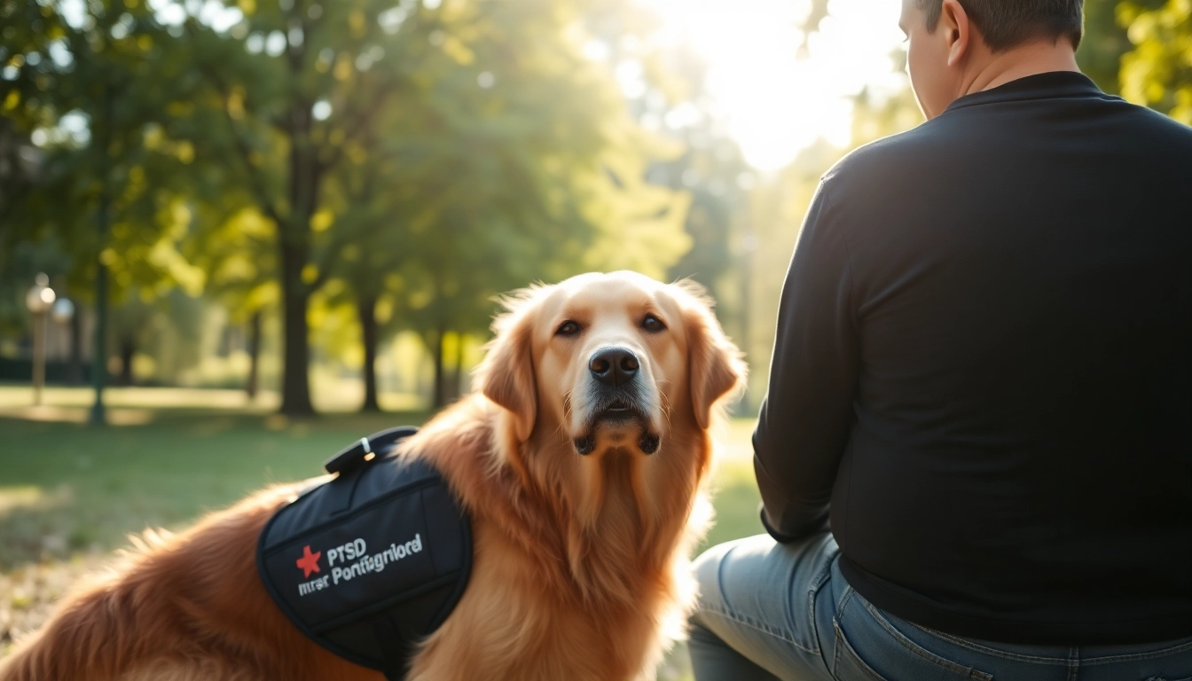 Engaged PTSD service dog beside its handler in a tranquil setting, showcasing support and companionship.