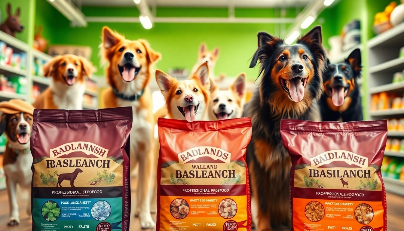 Showcase of Badlands Ranch Dog Food Canada in a pet store with happy dogs.