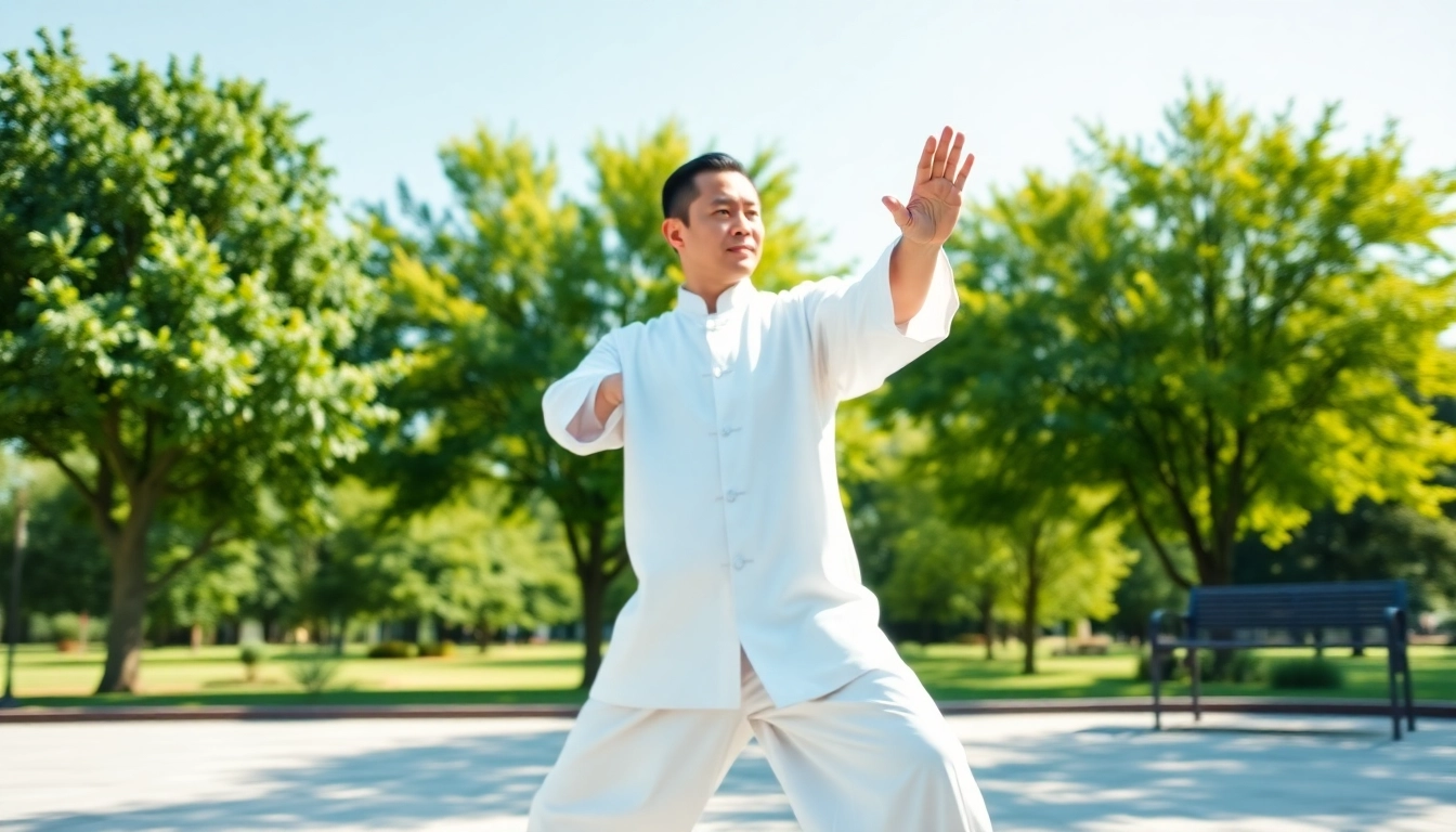 Tai Chi Long Beach for Beginners: Instructor performing a graceful Tai Chi form in a serene park.