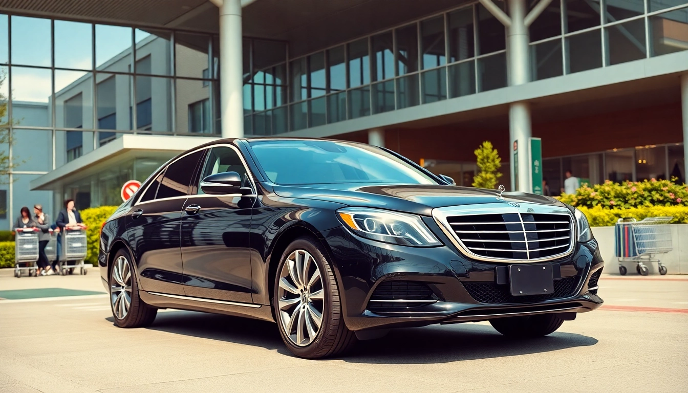Experience car service vancouver bc with a luxurious black sedan parked at an airport terminal, showcasing elegance and style.