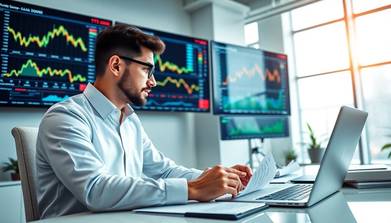 Evaluate artificial intelligence stock picks with a professional analyzing data in a modern office.