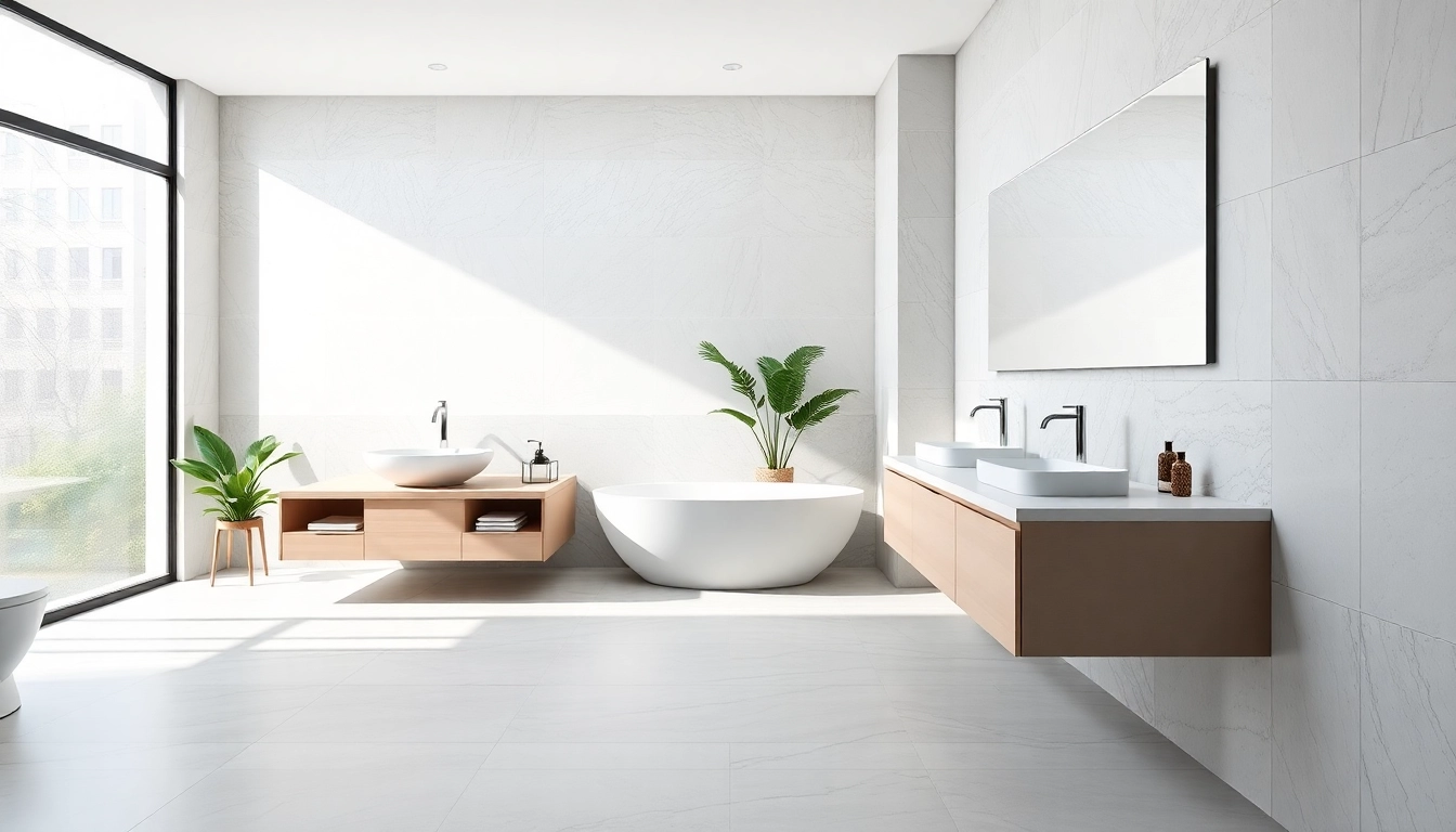 Stunning bathroom renovation showcasing a modern design with a freestanding tub and dual sinks.